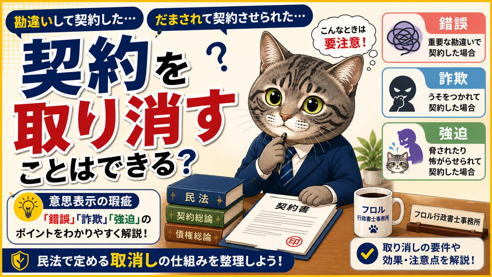 錯誤・詐欺・強迫とは?意思表示の瑕疵と契約の取消し|フロル行政書士事務所