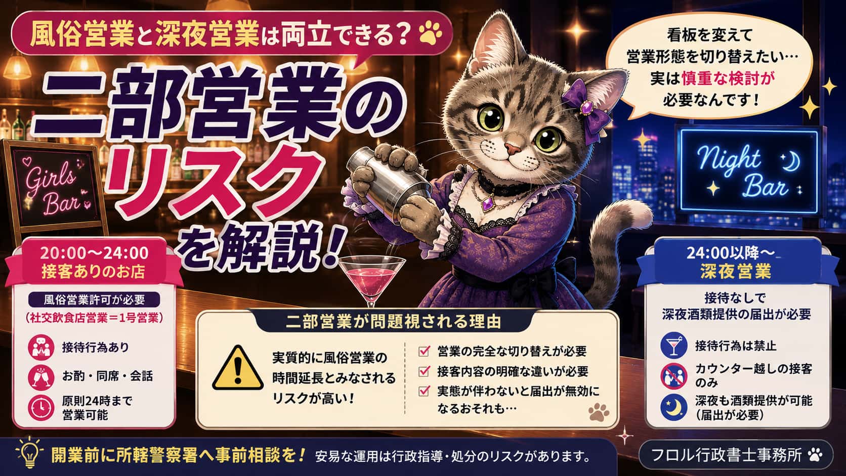 【許認可】風俗営業の後、深夜も営業したい?「二部営業」の考え方と注意点|フロル行政書士事務所