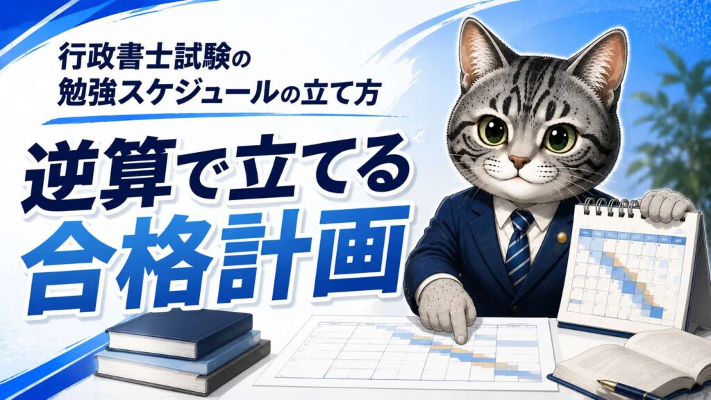 行政書士試験の勉強スケジュールを手帳に書き込みながら計画を立てているフロルのイラスト