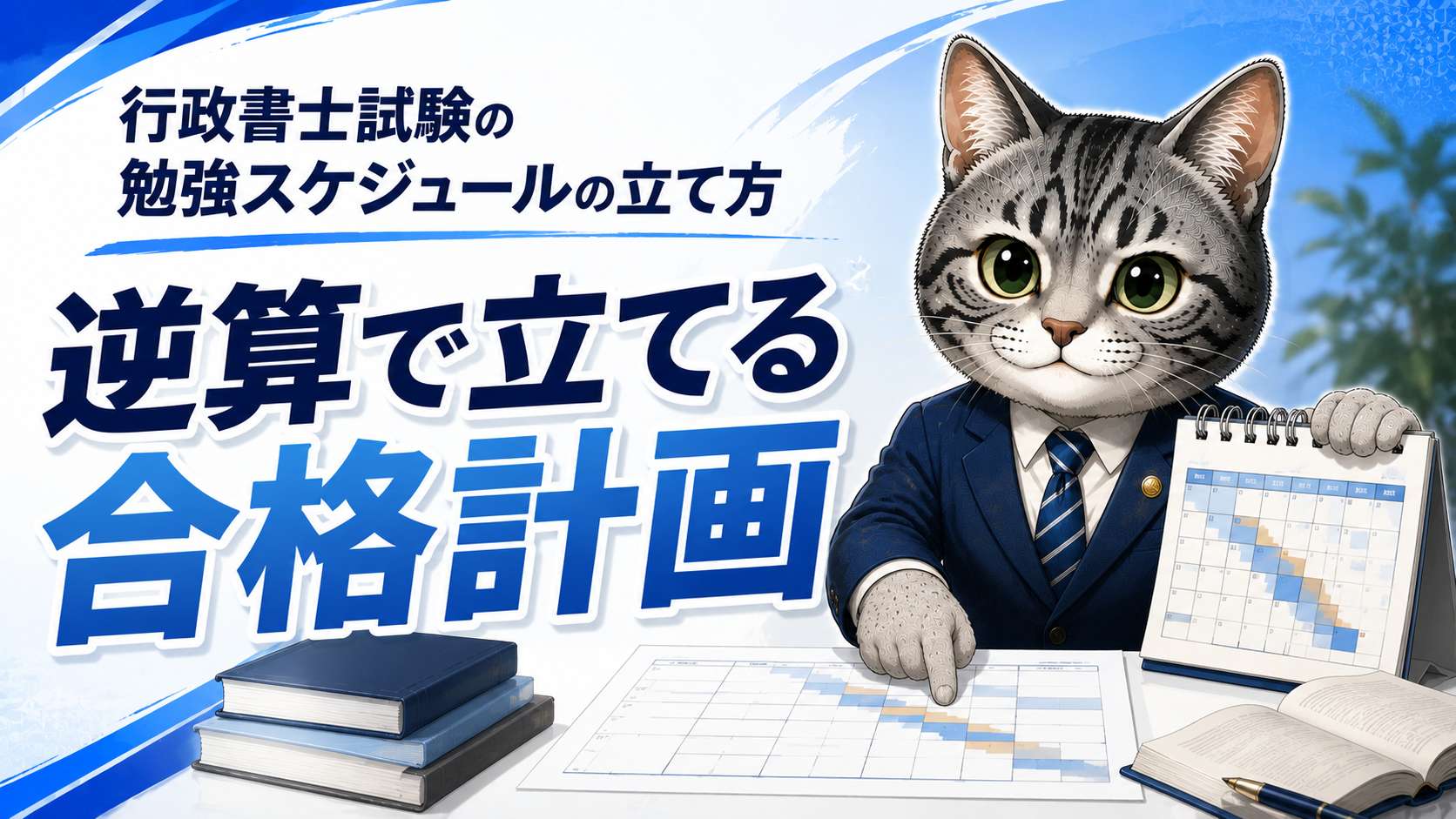 行政書士試験の勉強スケジュールを手帳に書き込みながら計画を立てているフロルのイラスト