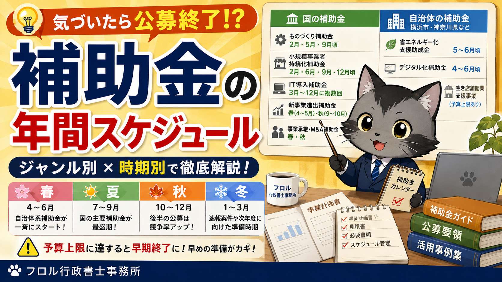 補助金のジャンル別・時期別の年間スケジュールを表すカレンダーとチェックリストのイメージ画像