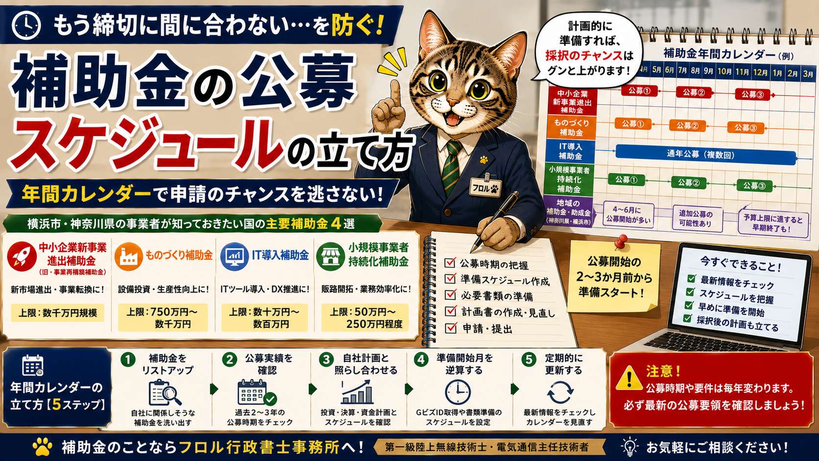 補助金の公募スケジュールと年間カレンダーの立て方をイメージしたカレンダーと書類のイラスト