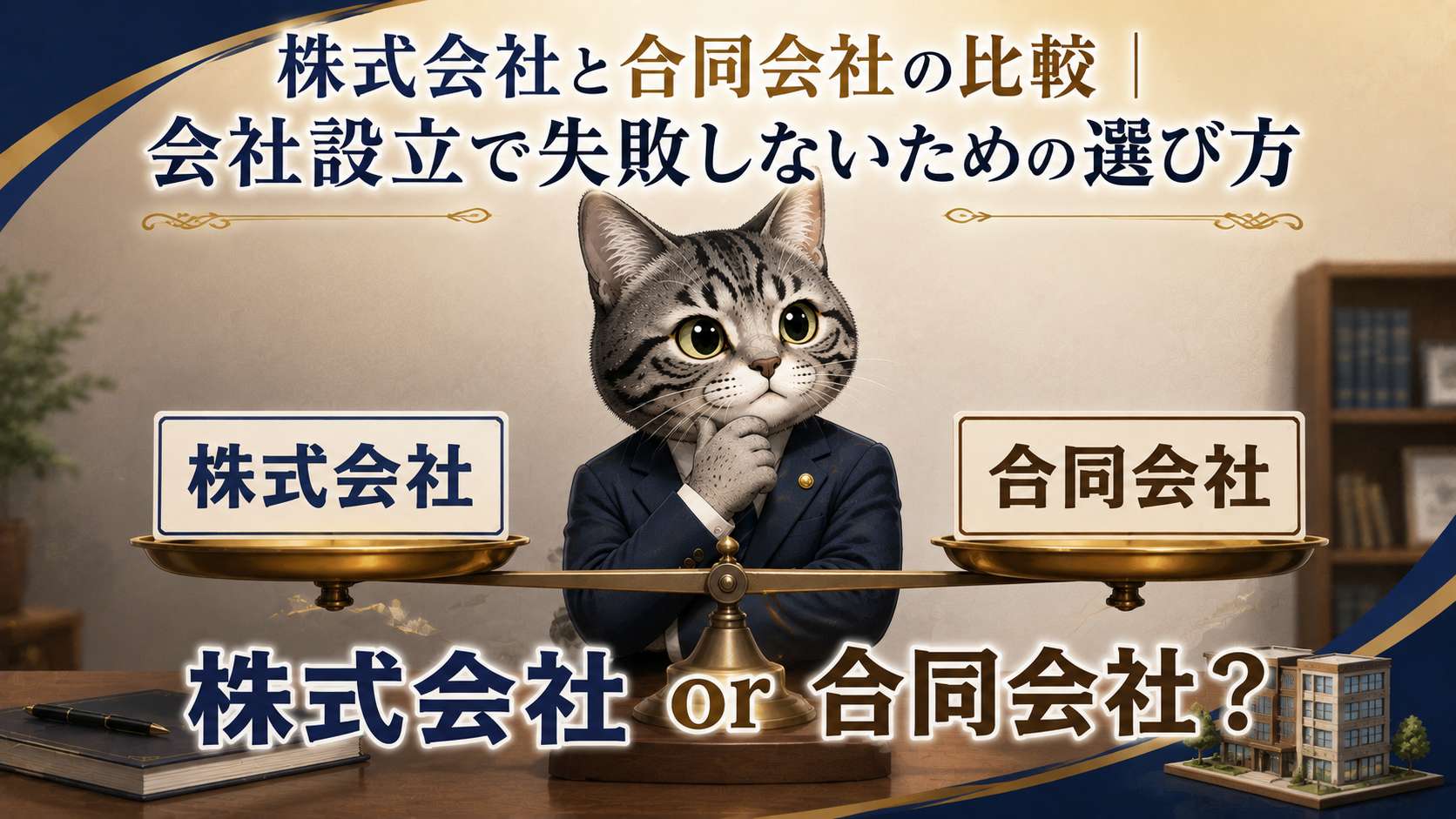 株式会社と合同会社の違いを比較しながら説明するフロル行政書士事務所のマスコットキャラクター