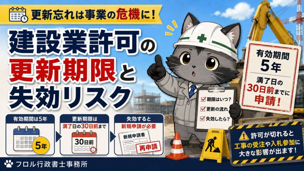 建設業許可の更新期限管理と失効後の新規申請の流れをイメージした画像