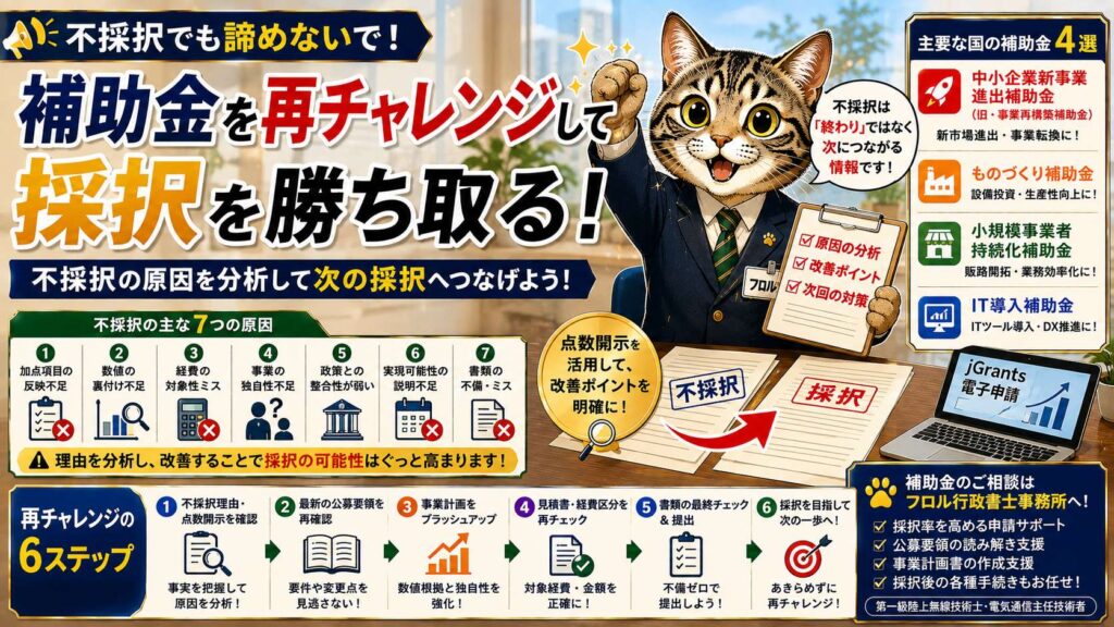 補助金の不採択通知を前に再チャレンジの方法を考える事業者のイメージ
