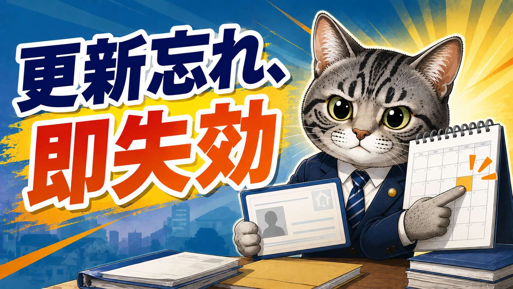 宅建業免許の更新手続きについて、カレンダーと書類を確認しながら説明するフロル行政書士事務所のイメージ