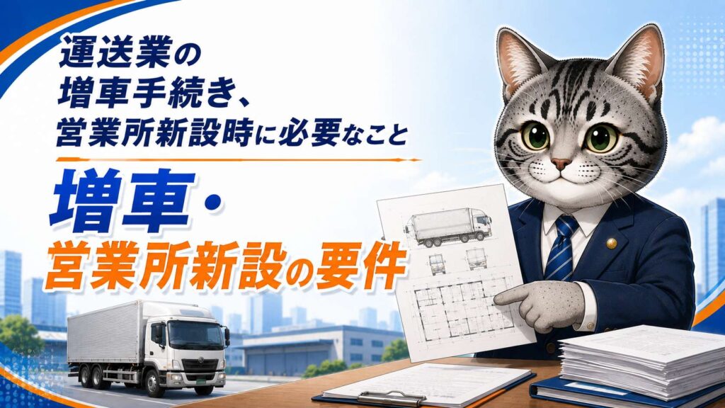 運送業の増車手続きと営業所新設の要件を説明するイメージ図とフロルのイラスト