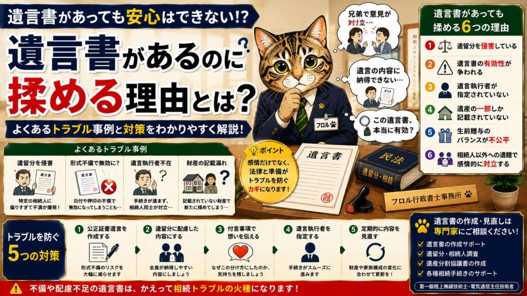 遺言書があるのに相続トラブルが起きる理由と対策を解説するイメージ画像