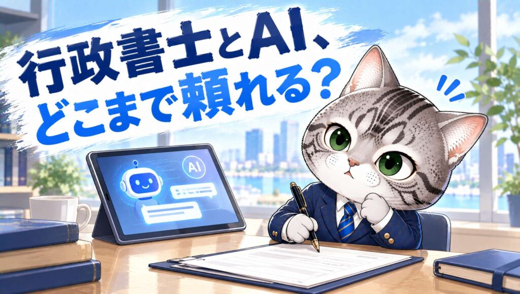 AIの画面と書類を前に、最終判断は自分で行う姿勢を示すフロル行政書士事務所のイメージ