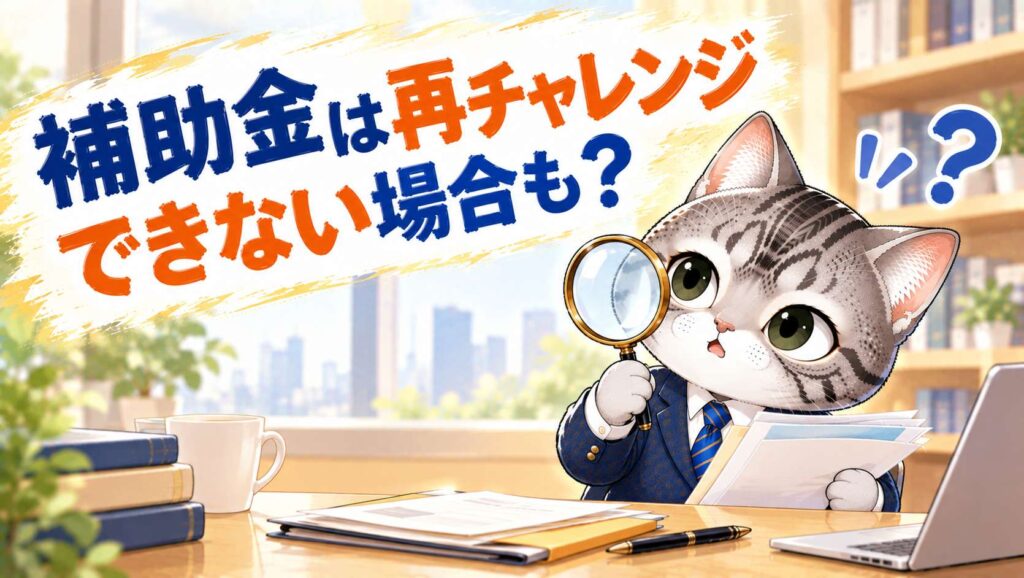 補助金の事業継続要件と再チャレンジ制限について説明するフロル行政書士事務所のイメージ画像