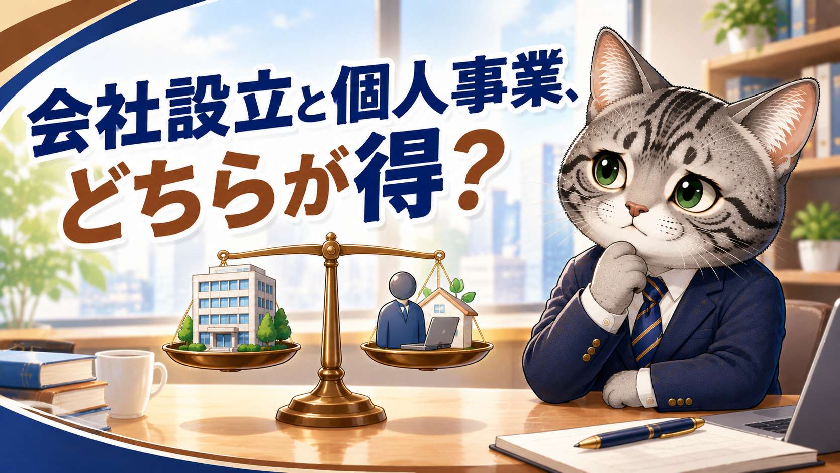 天秤で「会社設立」と「個人事業」を比較しながら悩む表情のフロルのイラスト