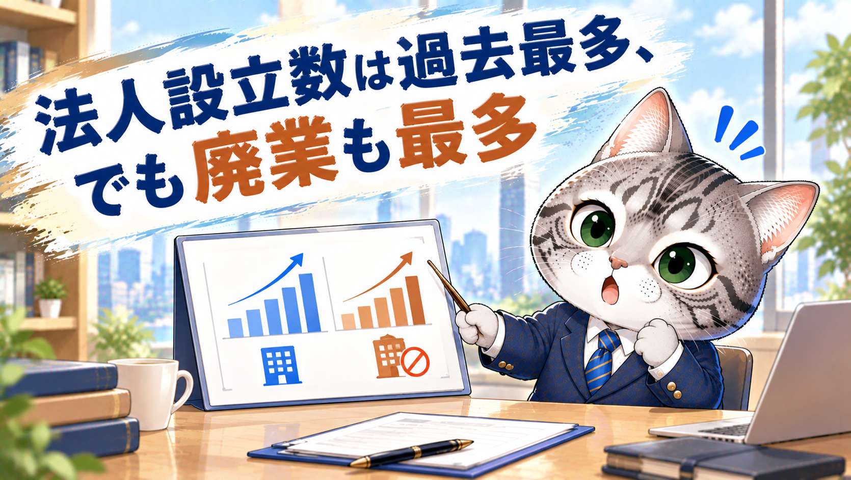 2025年の新設法人数と休廃業・解散件数の推移を示す、会社設立の現状を解説する記事のサムネイル画像