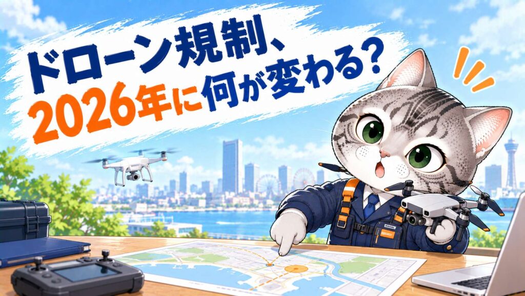 2026年のドローン規制強化と緩和のポイントを説明するフロル行政書士事務所のイラスト