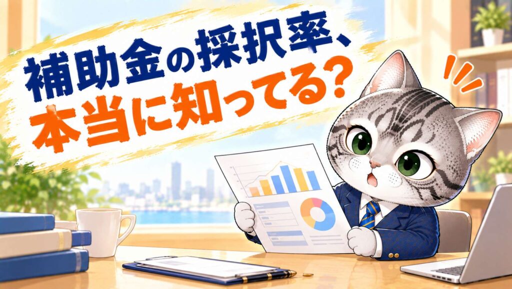 補助金の採択率が制度によって異なることを示す、資料を手にしたフロルのイラスト