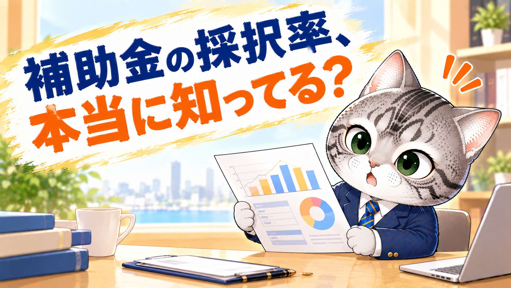 補助金の採択率が制度によって異なることを示す、資料を手にしたフロルのイラスト