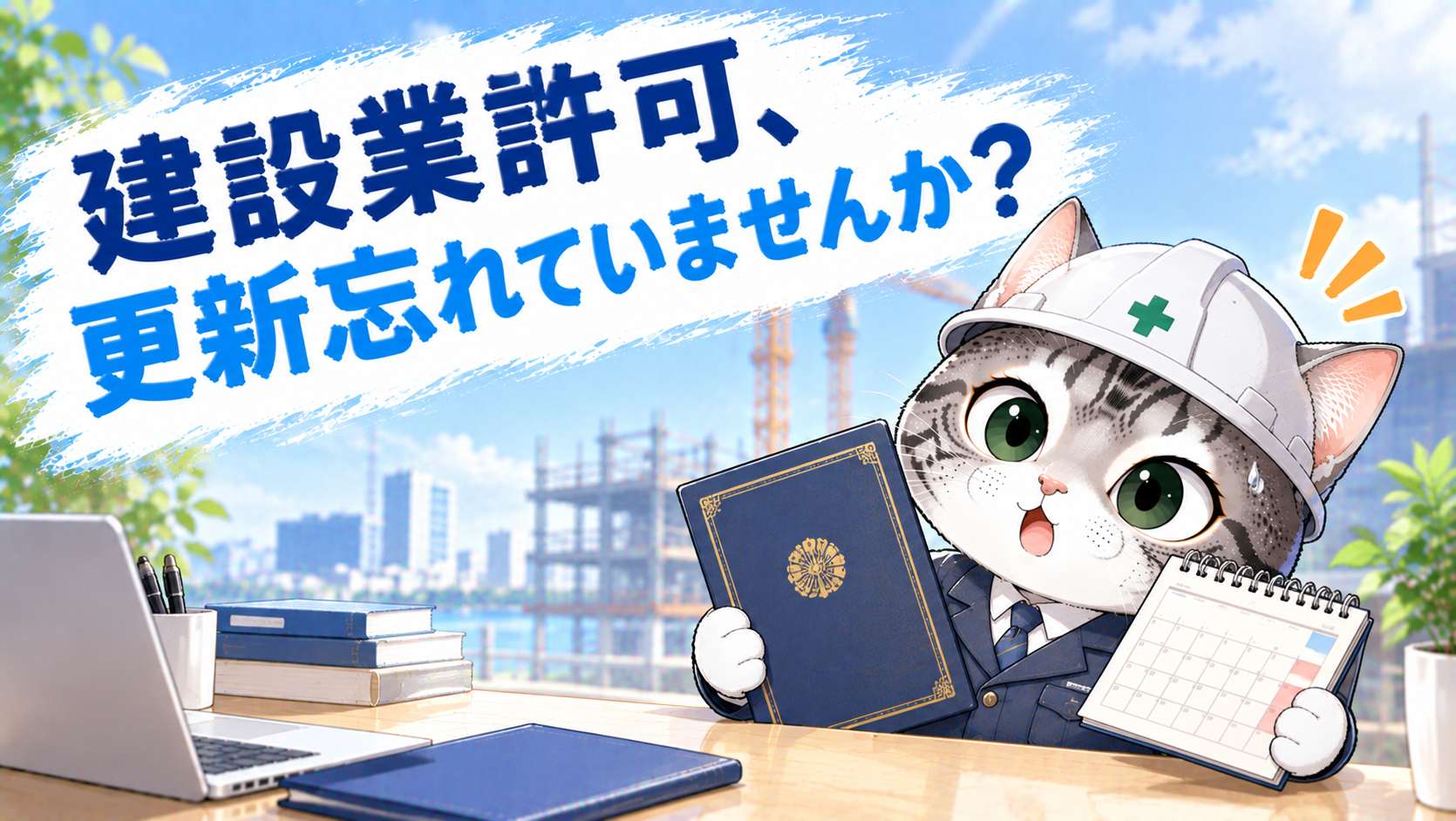 建設業許可証とカレンダーを手に、更新時期に気づいて驚いた表情をしているフロルのイラスト