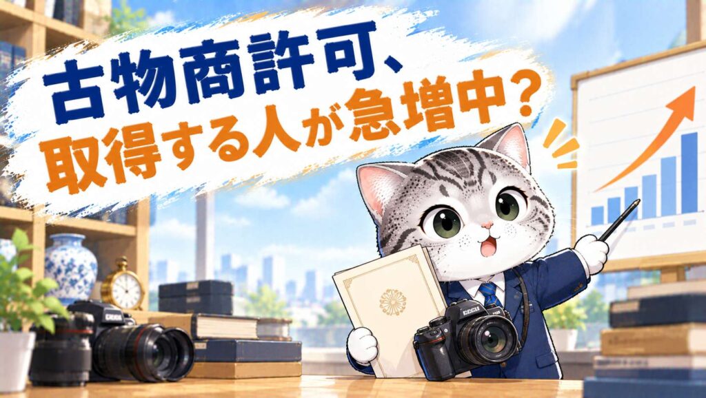 古物商等の許可件数が5年で約1.55倍に増加したことを示すグラフと、許可申請について案内するフロル行政書士事務所のマスコット