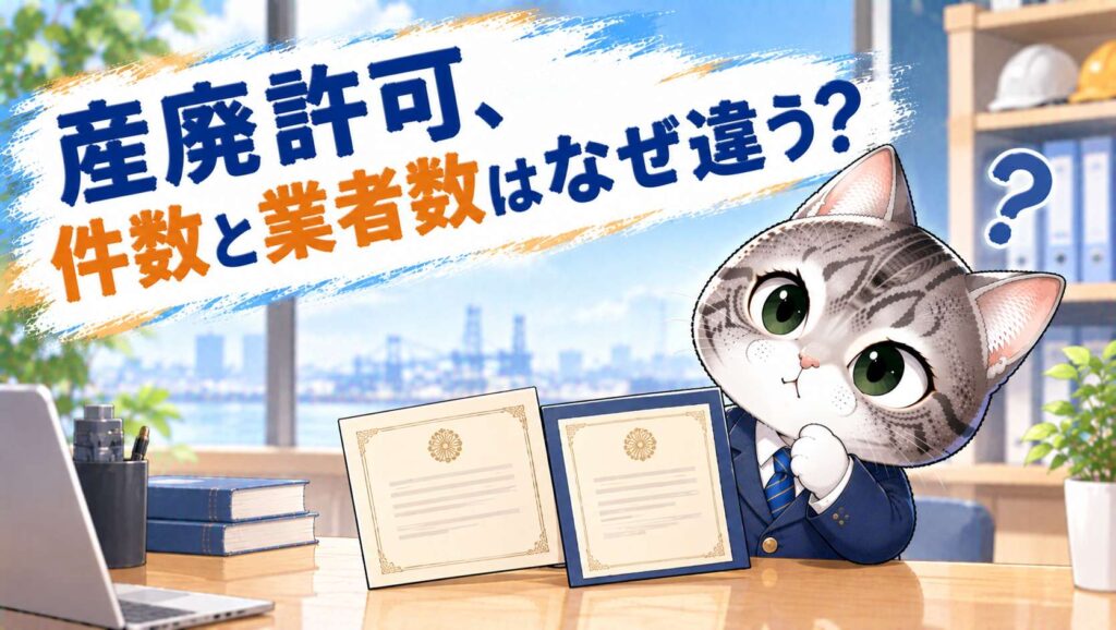 産業廃棄物処理業の許可証を手に、事業者数と許可件数の違いに首をかしげるフロル行政書士事務所のマスコットキャラクター