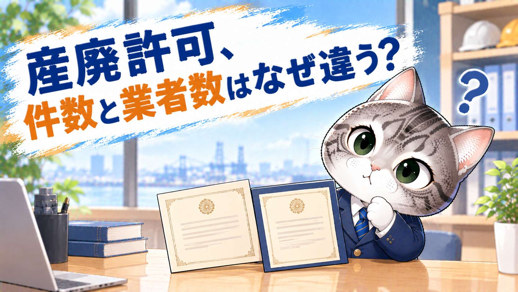 産業廃棄物処理業の許可証を手に、事業者数と許可件数の違いに首をかしげるフロル行政書士事務所のマスコットキャラクター