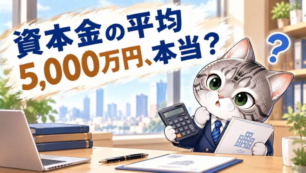 資本金の平均額に隠れた統計のトリックと実際の相場について電卓を見ながら考えるフロルのイラスト