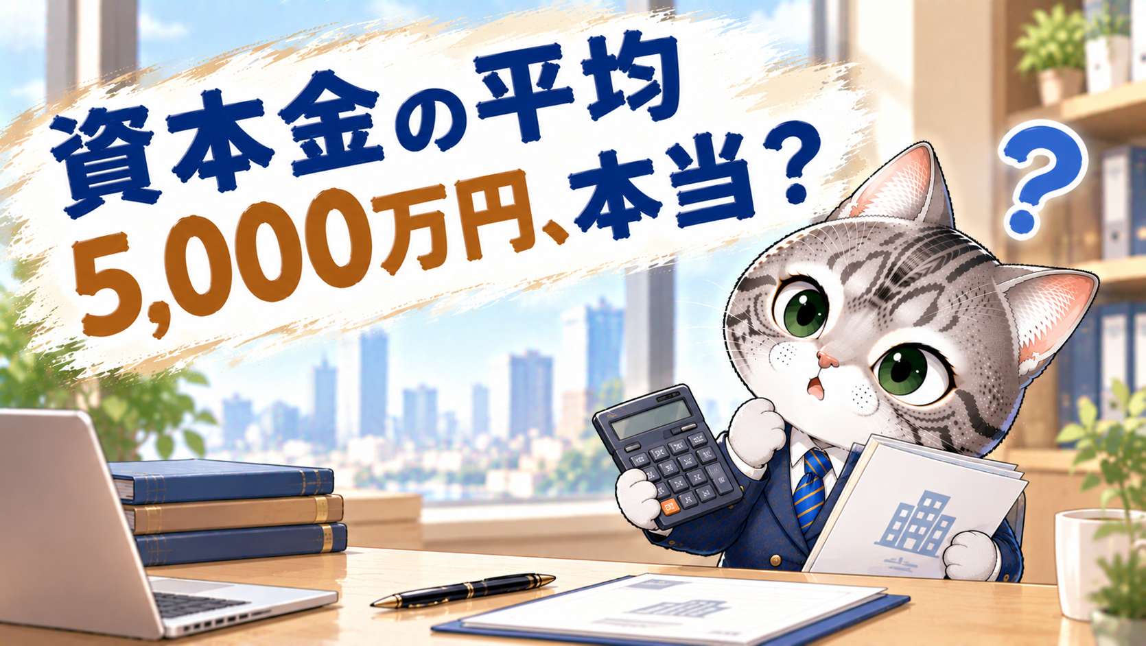 資本金の平均額に隠れた統計のトリックと実際の相場について電卓を見ながら考えるフロルのイラスト