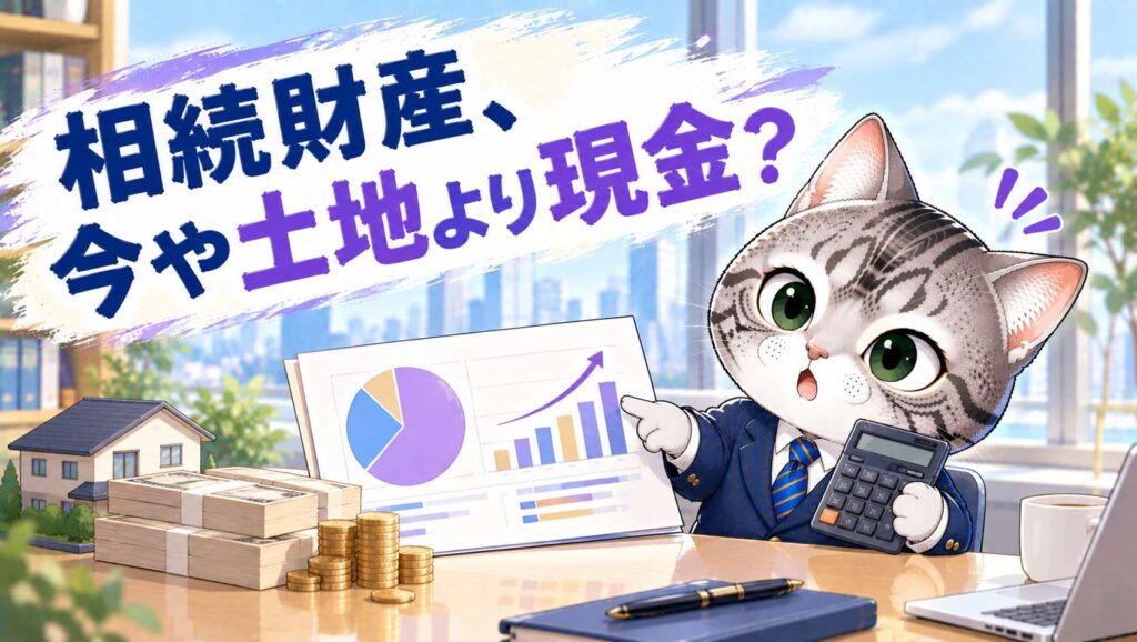 国税庁データをもとに相続財産の構成変化を解説するイメージ、グラフを指差して驚くフロル