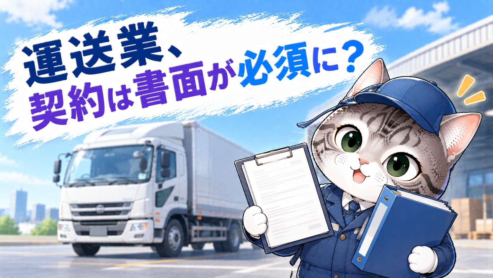 書面と実運送体制管理簿のファイルを手に、運送業の法改正を説明するフロル行政書士事務所のマスコットイラスト